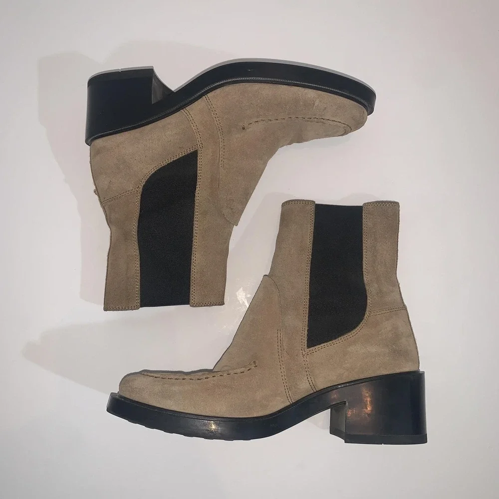 Tod's Boots Womens EU 36 Beige Suede Chelsea Ankle Block Heel Pull On Booties